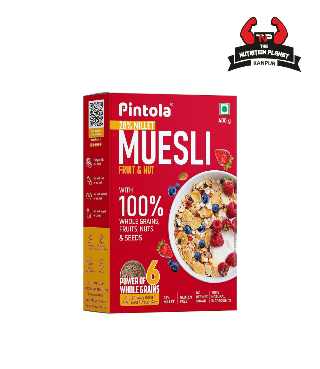 Pintola Fruit & Nut Muesli with 28% Millet & 68% Wholegrains (400g), Healthy-Fruity Breakfast cereal with 6 nuts, dried fruits & Dates, No Preservatives, No added sugar|Rich in Dietary Fibre & Protein